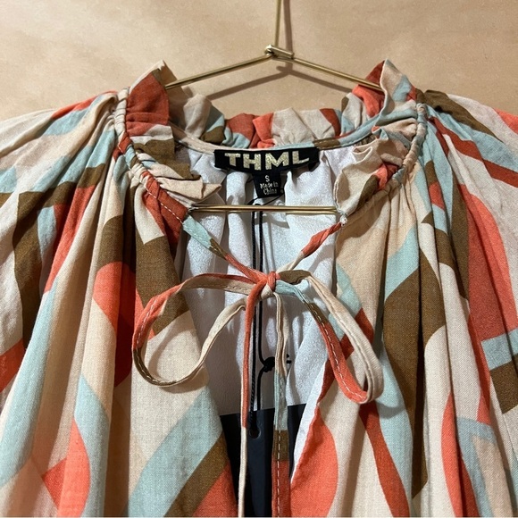 THML | NWT Mia Midi Dress Tie Neck Smocked Tiered Popover Geometric Print Size S - Picture 5 of 14